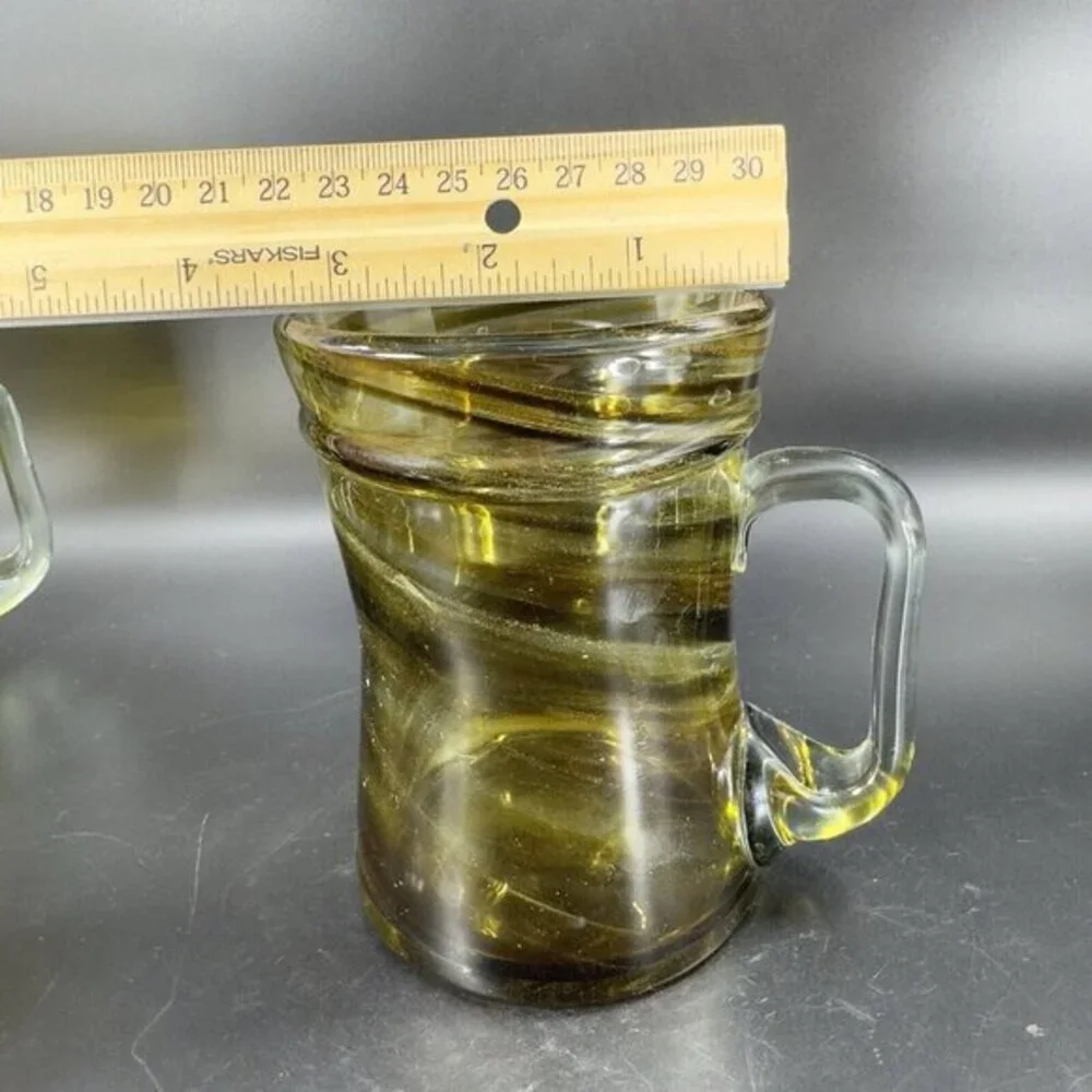 Art Glass Mug‎ Cup With Applied Clear Handle Green Black Swirls Lines Hand Made